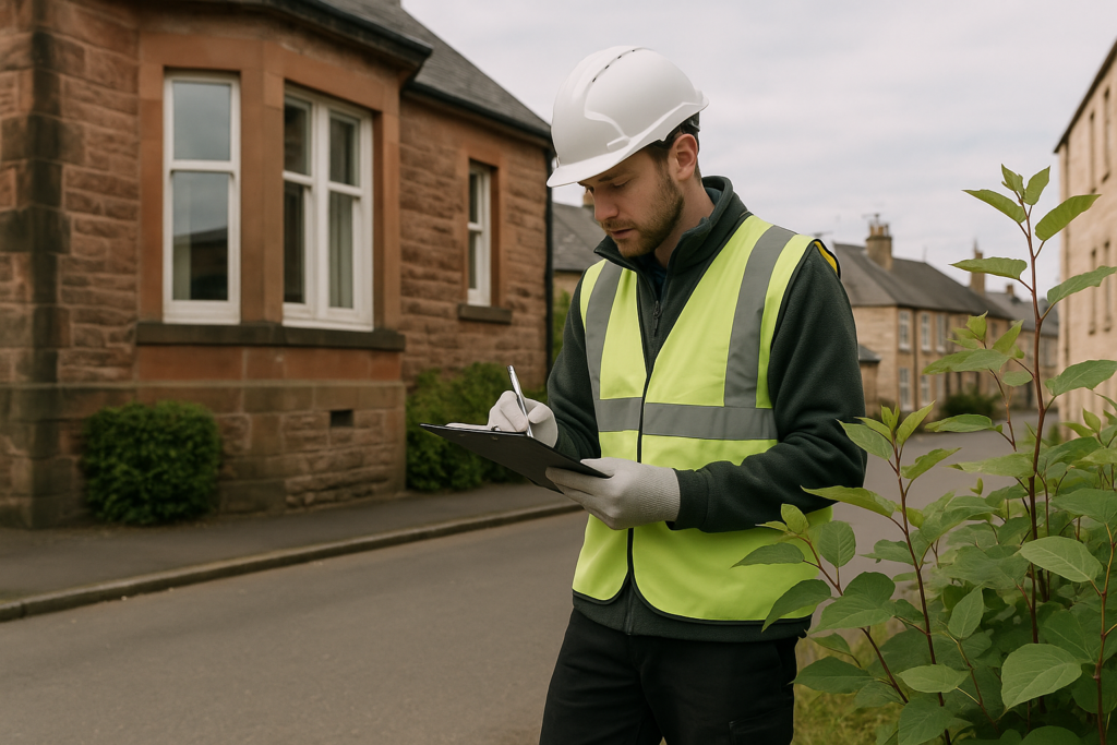 A qualified environmental surveyor inspecting Japanese Knotweed Removal Glasgow growth beside a traditional UK property. The surveyor is wearing professional site gear and mak.