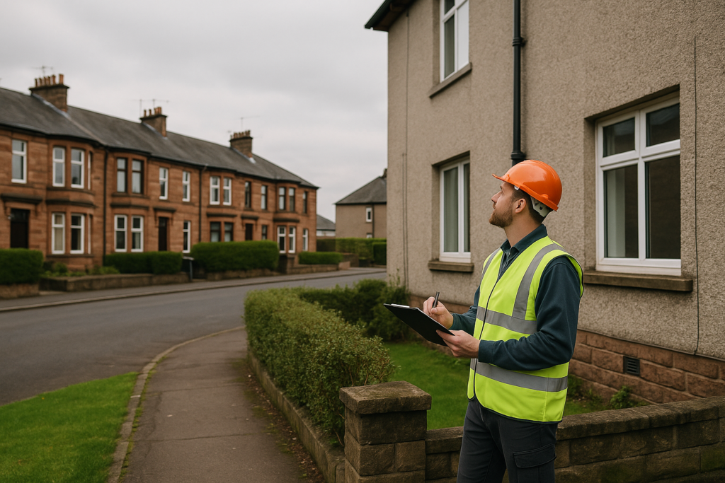 A professional site survey scene in UK. A surveyor in hi-vis gear assessing a residential or commercial property exterior. Traditional local architecture visible in background.